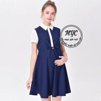 Váy Bầu Xanh Than Cổ Đức Chấm Bi