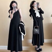 Váy bầu xinh, đầm bầu babydoll set váy 2 dây kèm áo khoác cúc cài thu đông, họa tiết trang trí thắt dây nơ xinh xắn