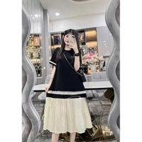 Váy bầu xinh, đầm bầu thiết kế dáng babydoll cổ tròn tay ngắn, họa tiết trang trí trẻ trung new 2024,