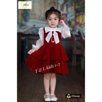 Váy Bé Gái ❤️ Váy Nhung Đỏ Phối Tay Sơ Mi Trắng Hoa Ngực CHo Bé Gái Diện Tết Cực Xinh AN013