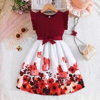 Váy Bé Gái Có Thắt Lưng, Váy Phối Màu in Hoa Bướm, Váy Dài Cổ Tròn Và Tay Bay Nhỏ, Váy Thoải Mái Mùa Hè, Thích Hợp Cho Bé Gái