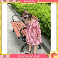 Váy bé gái dài tay 1-10 tuổi kẻ đỏ đính nơ, Đầm babydoll cho bé cao cấp vải thô boi mềm thoáng