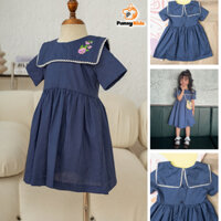 Váy bé gái đầm kiểu lính thủy cổ vuông phối ren màu xanh vải cotton cao cấp thêu hoa cho bé từ 1 đến 10 tuổi