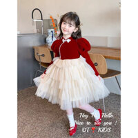 Váy Bé Gái, Đầm Nhung Tay Bồng Váy Ren Xòe Tầng Công Chúa Cho Bé Gái Từ 14 - 34kg