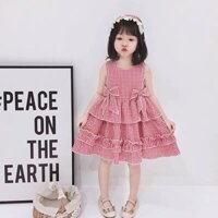 Váy bé gái - Đầm xòe họa tiết caro hồng thắt nơ đáng yêu thời trang cho bé gái từ 3 đến 8 tuổi