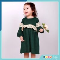 Váy Bé Gái 💕FREESHIP💕 Váy Babydoll Cho Bé Màu Xanh Rêu Phối Ren Ngực Ren Tay