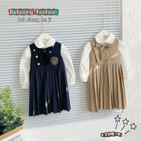 Váy bé gái gồm yếm và áo sơ mi cổ nơ, đầm cho bé gái phong cách Hàn Quốc sành điệu size to (13-33kg)