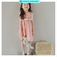 Váy bé gái màu hồng sát nách phối cổ yếm vuông thêu hoa bọc viền Sofia size 1 tuổi đến 10t SHUSHI