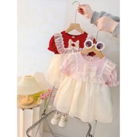 Váy bé gái ngắn tay phong cách Hàn vải thun gân phối tơ óng xinh xắn D1095