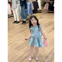 Váy bé gái, set áo Jean sát nách cúc hồng phối chân váy xếp ly cho bé 10-33kg