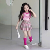 Váy bé gái, set áo sát nách chất cotton họa tiết chữ REVERSING kèm chân váy kẻ xếp ly cho bé 10-30kg