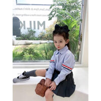 Váy bé gái, set đồng phục học sinh: áo sơ mi cổ sen kẻ 3 vạch phối chân váy xếp ly size bé 12-32kg