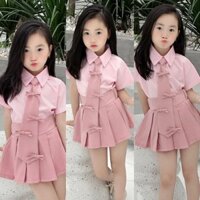 Váy bé gái , sét đồng phục học sinh áo sơ mi thô + cv xếp ly + cavat nơ sành điệu cho bé gái đi chơi đi học