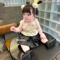 Váy Bé Gái Set Rời Áo Đũi 2 Dây Nhún Màu Kem Phối Váy Lụa Đen 2 Tầng Xoè, Váy Cho Bé 8-38kg