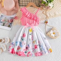 Váy Bé Gái, Thích Hợp Cho Bé Gái 4-8 Tuổi, Thời Trang Mùa Hè Mới, in Hoa Bướm, Váy Treo Vai Nghiêng