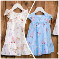 Váy bé gái thô lụa, mát, hoạ tiết gấu tay cánh tiên đáng yêu