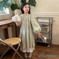 Váy Bé Gái Trẻ Em Bé Gái Màu Trơn Ruffle Thiết Kế Váy Dài Xanh Quần Áo Bé Gái 2-8 Tuổi