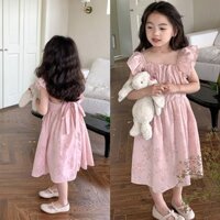 Váy bé gái váy mùa hè mới ngọt ngào nước ngoài bay tay công chúa váy trẻ em màu hồng dây đeo lưng váy dài vừa phải