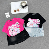 Váy bé gái,Sét áo cộc tay Babythree mix chân váy jean bò cho bé gái