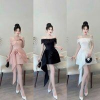 Váy bigsize dự tiệc, Đầm thiết kế big size BẸT VAI PHỐI VOAN TƠ, NHẤN EO PHỐI HOA TUA RUA sang trọng D126