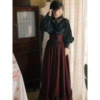 Váy Bộ đồ phong cách Gothic đậm Váy nửa màu đỏ rượu vang với áo sơ mi màu đen Váy dài hai mảnh siêu cổ tích Đồng phục lớp học sinh Váy phong cách Gothic đậm Váy nửa màu đỏ với áo sơ mi đen Váy dài hai mảnh siêu cổ tích dành cho sinh viên Lớp học