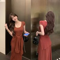 Váy body co dãn vạt rời thắt eo, đầm ôm body ngắn tay dáng dài chất thun cotton Baobaostore_B256