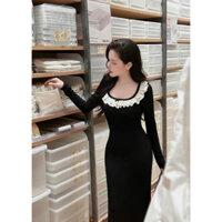 Váy body cổ u viền ren dáng dài tay dài cho nữ mặc mùa thu đông tone dáng