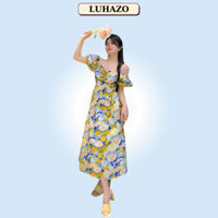 Váy body Đầm dự tiệc maxi đi biển dáng dài trễ vai sexy tay bồng họa tiết hoa sơn dầu phong cách vintage 9099 D1T3