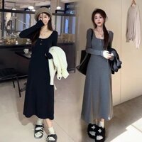Váy body Dáng Dài Đầm Dài Qua Gối Tay Dài Váy thu đông Đầm  body  Màu Xám Cho Nữ