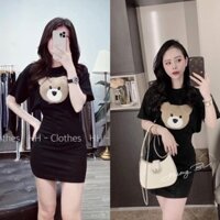 Váy Body Gấu Thêu Cá Tính , Váy Cotton Dáng Ôm Có Ảnh Thật