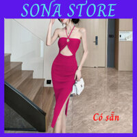 Váy body len cup ngực dáng dài đầm ôm nữ cổ yếm sexy xẻ tà gợi cảm đi biển sang chảnh hàng quảng châu cao cấp SONA STORE
