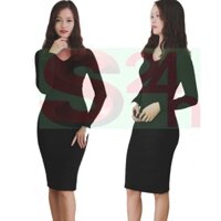 Váy body len tăm dài tay cổ V trơn màu nữ - đầm len body V01