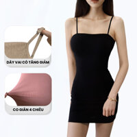 Váy Body Ngắn 2 Dây Midi Dáng Ôm Quai Dây Có Nút Tăng Giảm Madela Thun Gân Co Giãn, Đầm Body 2 Dây Dáng Ôm Ngắn Gợi Cảm