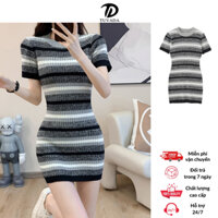 Váy body ngắn tay kẻ ngang Tuvada, váy thu đông dáng ngắn, đầm body VKN47