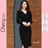 Váy body nhúm dáng ôm tay dài cổ tim CHERRY đầm body công sở sang trọng  A1182