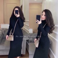váy body nữ, đầm ôm cổ lọ chất len tăm xinh xắn - đen - M