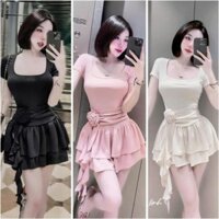Váy Body Nữ Dáng Ngắn KANOMY D161, Đầm Body Nữ Tay Ngắn Cổ Vuông Dáng Váy Xòe Đính Hoa Kèm Quần