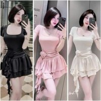 Váy Body Nữ Dáng Ngắn MINION D161, Đầm Body Nữ Tay Ngắn Cổ Vuông Dáng Váy Xòe Đính Hoa Kèm Quần