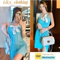 Váy body nữ mongtoghi cổ yếm [QUẢNG CHÂU+VIDEO] Đầm ôm xanh đính nơ len mỏng sexy quyến rũ nhập taobao V169