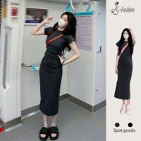 Váy Body Ôm Dáng Dài Cổ Tròn Màu Đen Thời Trang Mùa Hè Phong Cách Hàn Quốc Váy Nữ