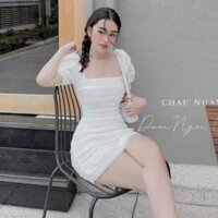 Váy body ôm ren cổ vuông dáng ngắn