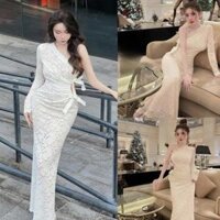Váy  body ren D86 lệch vai buộc nơ dáng dài