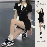 Váy Body Sexy Cổ Polo Màu Đen Ngắn Hàn Quốc Thời Trang Mùa Hè Váy Nữ
