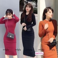 Váy Body Tay Dài Len Gân Dài Tôn Dáng Hàng Có Sẵn, Đầm Ôm Dài Tay Đẹp Màu Đỏ Đô Đi Chơi