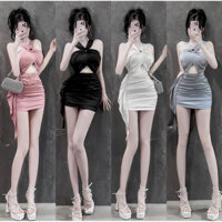 Váy body thun dẻo nhún hở bụng phối tà sang chảnh ll