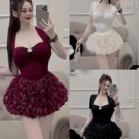 Váy body thun nhũ đính đá phối chân váy ren lượn sóng bồng bềnh, Đầm body cổ U phối tag bí phồng sang chảnh dự tiệc đi