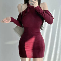 Váy bodycon xếp ly lệch vai màu đỏ rượu vintage Dongdaemun Hàn Quốc mới ~ Thanh lịch và nữ tính NEPY