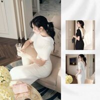 Váy Bút Chì Hở Lưng Cao Cấp, Đầm Dáng Dài Xẻ Cao, Thiết Kế Ngắn Tay Chất Xước Cổ Lụa T86 Medechill