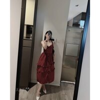 Váy Ca Rô Đỏ Đầm 2 Dây Cổ V Dáng Dài Thời Trang Theo Phong Cách Retro