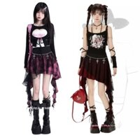 Váy ca rô nữ mùa hè Váy lưới không đều ngọt ngào Cô gái nóng bỏng khâu ren chữ A Váy gạc phong cách Nhật Bản Phong cách Lolita dễ thương Tin Mừng nhỏ hai chiều